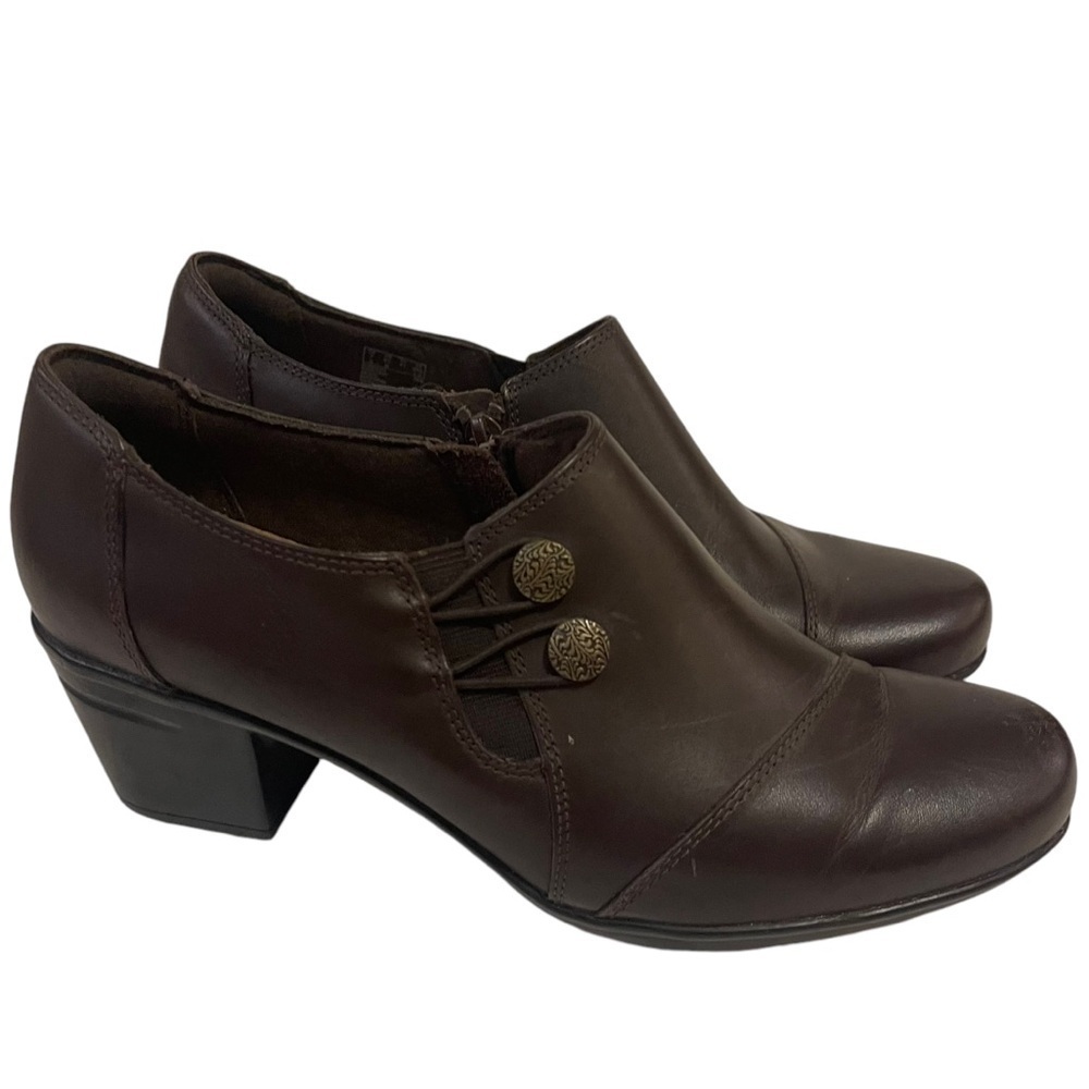 Women’s CLARKS Collection Emslie Brown Leather Heeled Ankle Booties Shoes